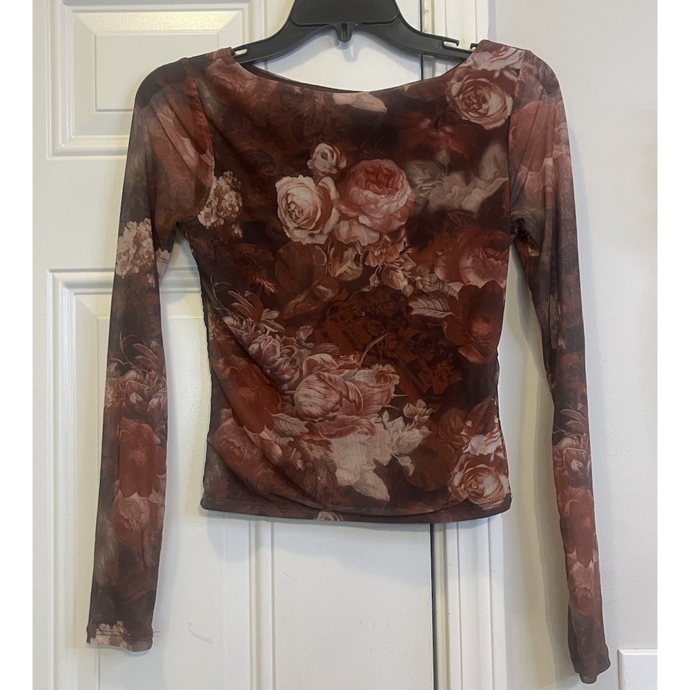 Dylan Ryan Floral Mesh Long Sleeve Top S Brown Ruched Sheer Romantic Coquette